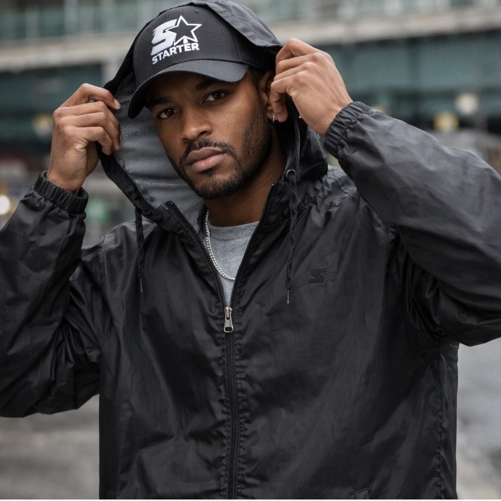 Starter Mens Black Hooded Windbreaker Jacket Full Zip Mesh Lined Large Retro 90s - Picture 3 of 6